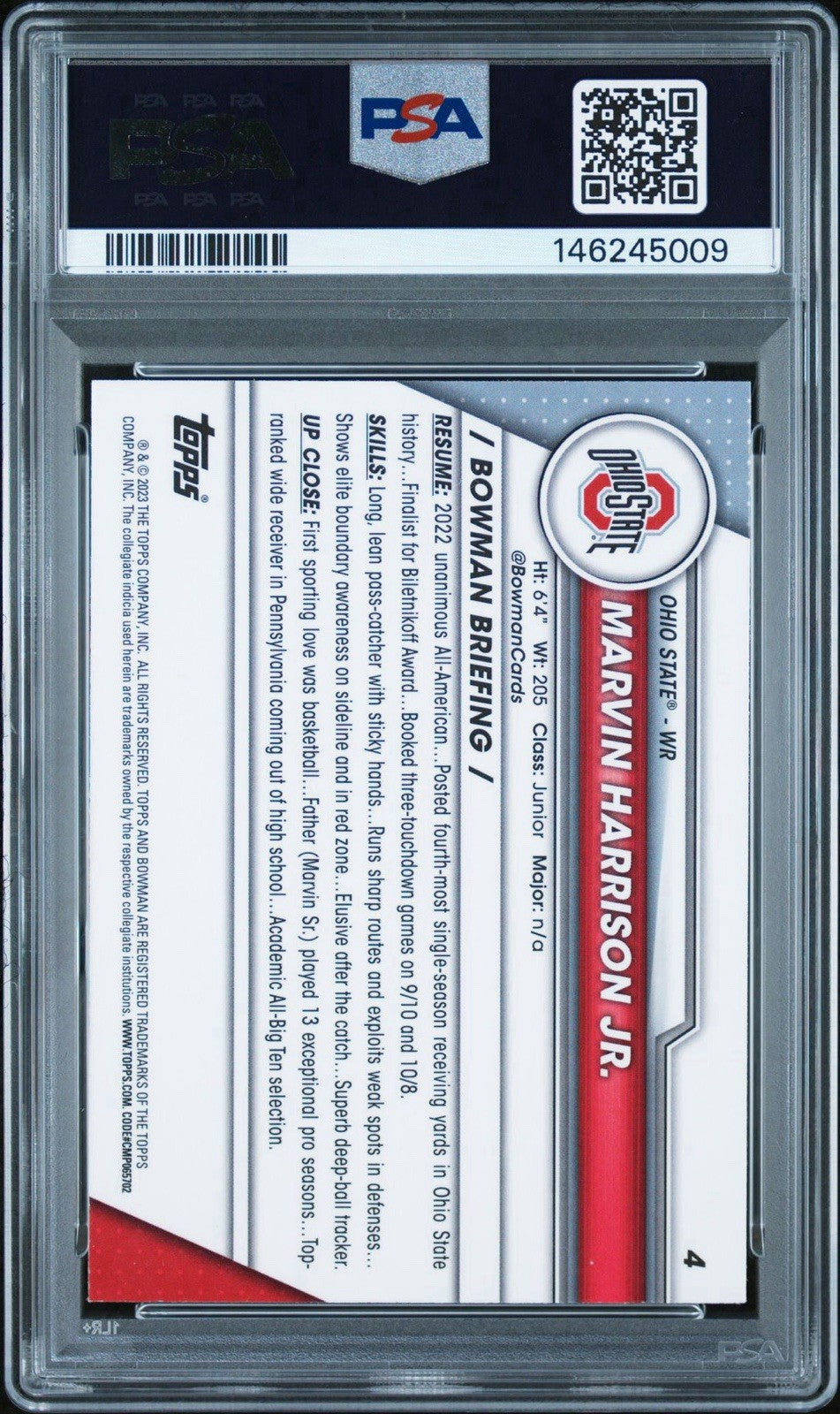 Marvin Harrison Jr 2023 Bowman Chrome Variation SP #4 PSA 9 Mint