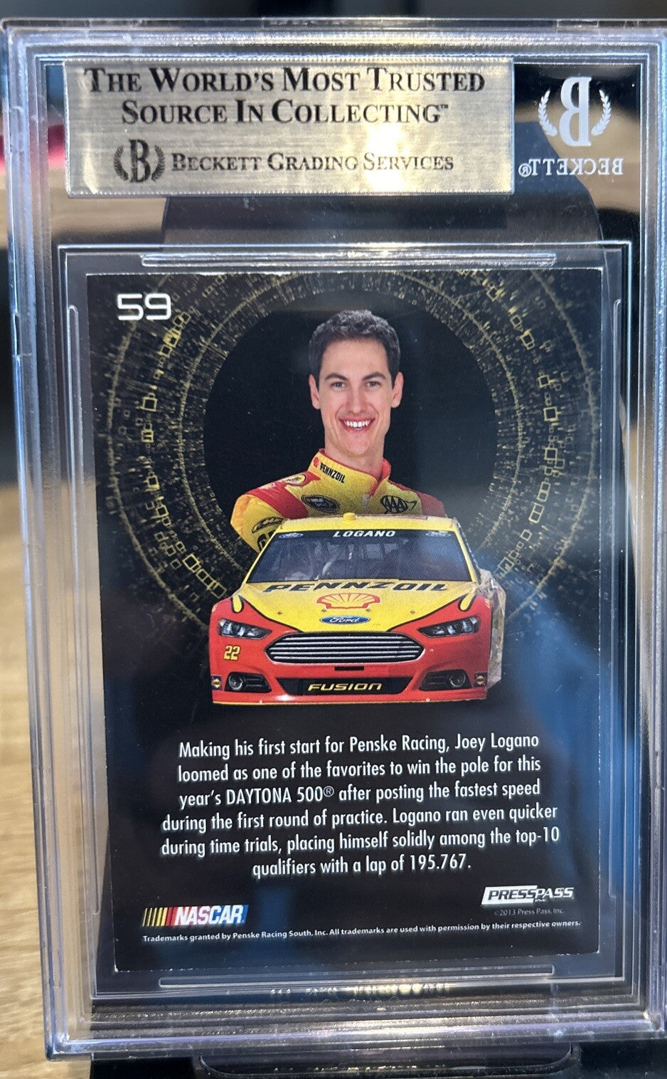 Signed Joey Logano 2013 Press Pass Ignite #59 Beckett BAS Slab