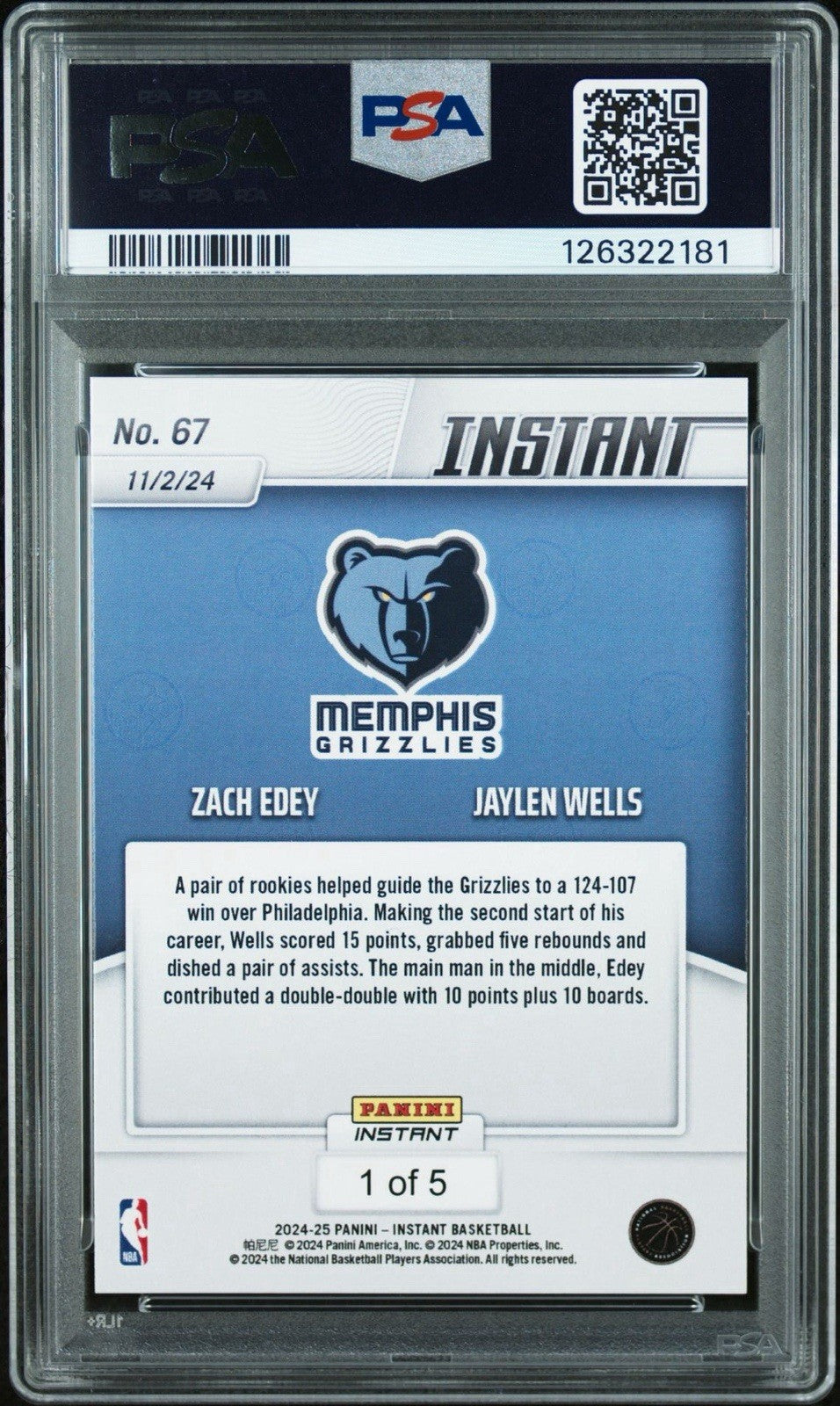 2024-25 Panini Instant Zach Edey/Jaylen Wells - White Tiger #d /5 RC #67 PSA 9