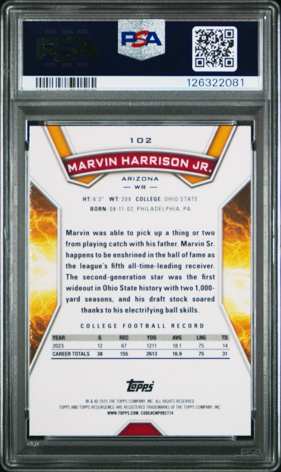 2024 Topps Resurgence Marvin Harrison Jr CRIMSON SURGE RED /199 RC PSA 10