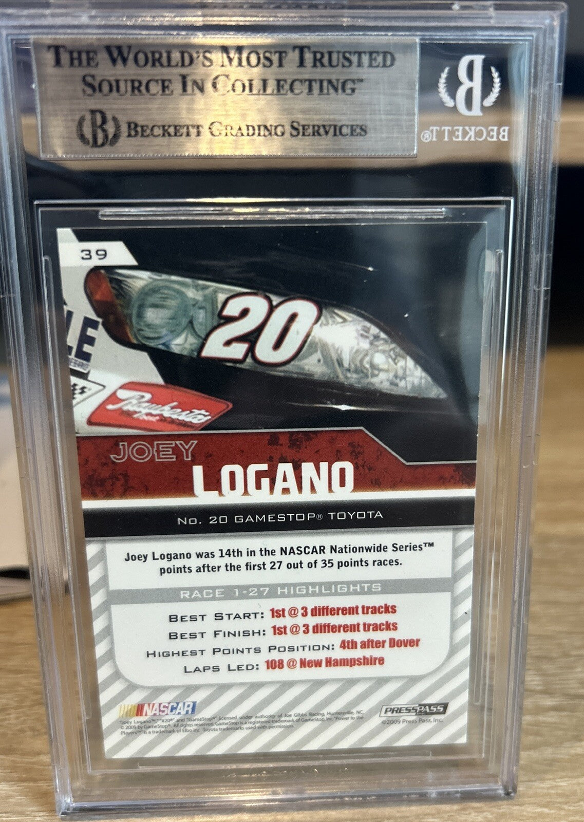 Signed Joey Logano 2010 Press Pass #39 Beckett BAS Slab