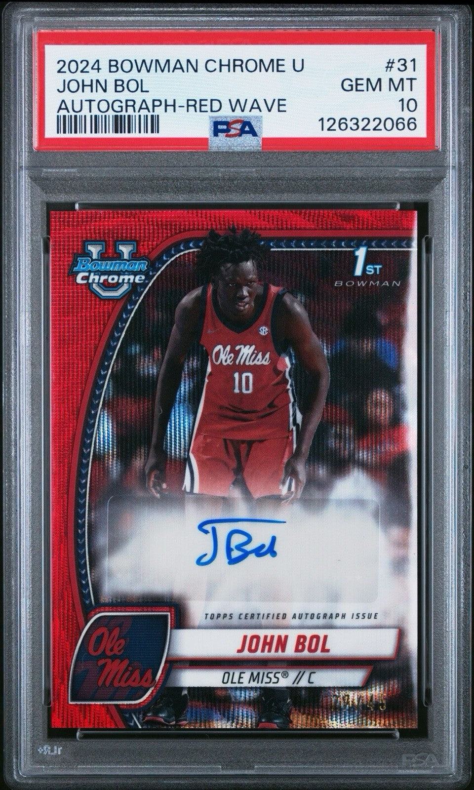 2024 BOWMAN CHROME U JOHN BOL /45 RED WAVE Auto PSA 10 Gem