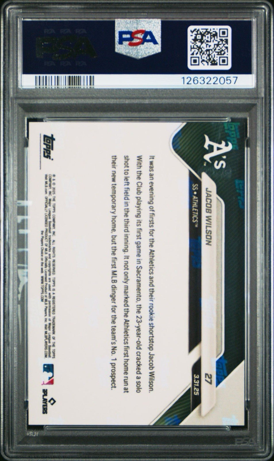 Jacob Wilson 2025 Topps Now #27 Black Foil #d /10 - 1st MLB HR - PSA 8