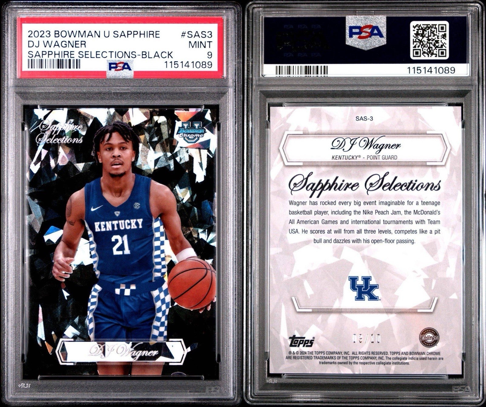 2023-24 Bowman U Chrome Sapphire DJ Wagner /10 Black Sapphire Selections PSA 9