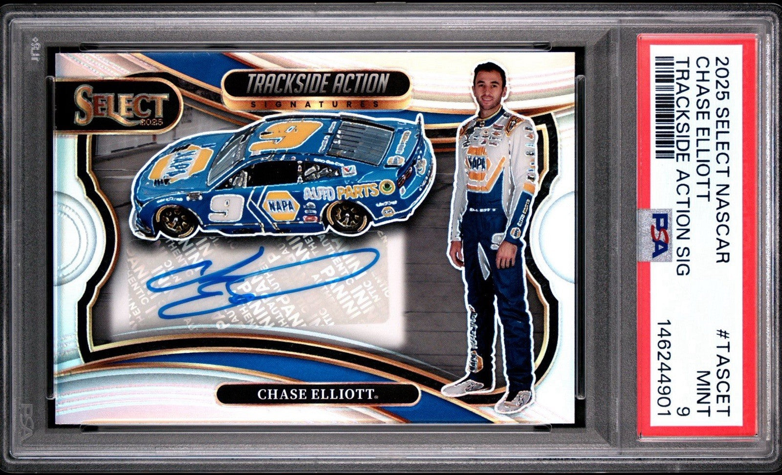 Chase Elliott 2025 Panini Select Trackside Action Signatures Silver Auto PSA 9