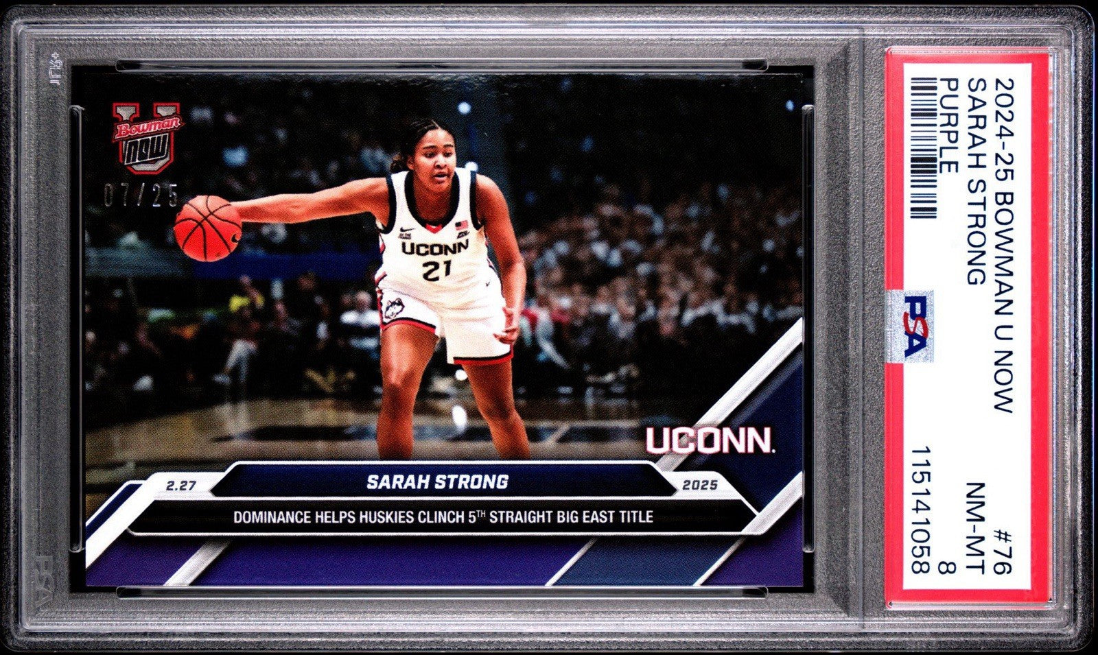 Sarah Strong 2025 Bowman U Now #76 Purple Parallel /25 - PSA 8
