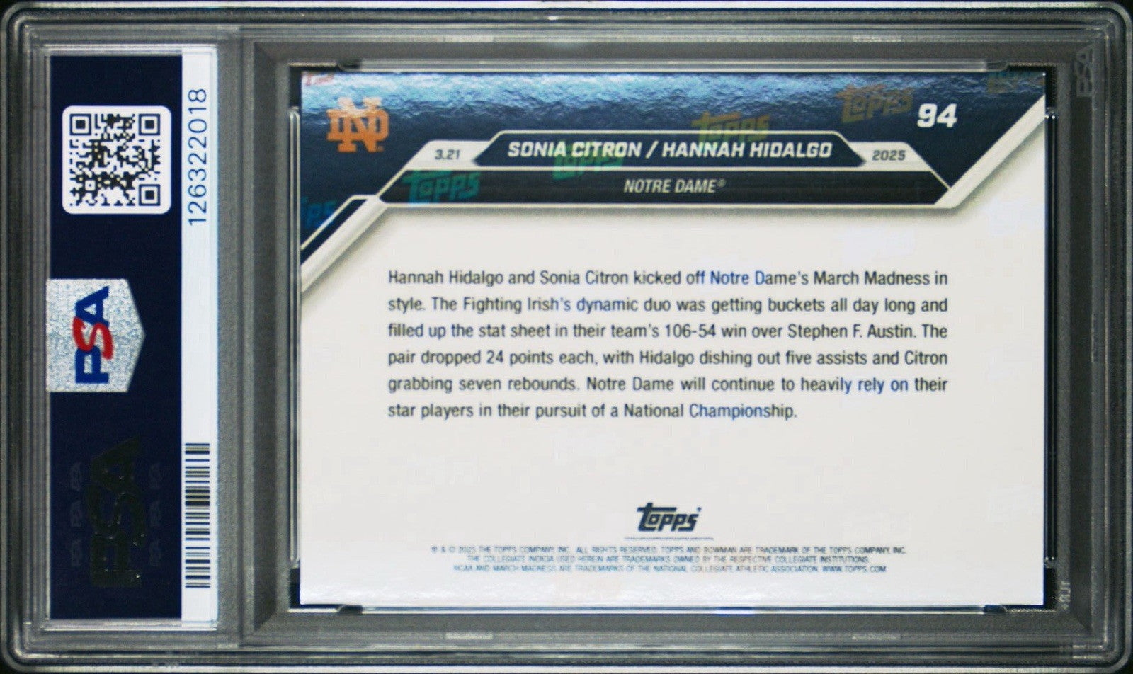 2024-25 Bowman U Now Blue /49 Sonia Citron Hannah Hidalgo #94 - PSA 9