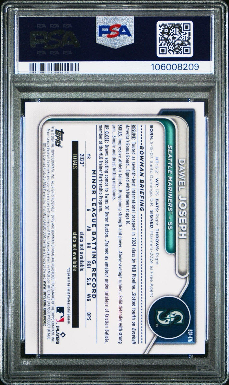 2024 Bowman Chrome Sapphire Black /10 #176 Dawel Joseph 1st Prospects PSA 10 Gem