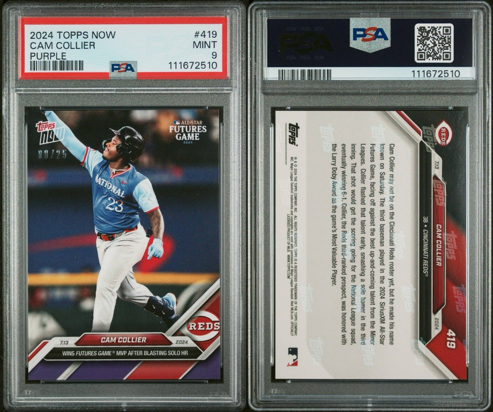 Cam Collier 2024 Futures Game MVP - 2024 MLB TOPPS NOW Card Purple /25 - PSA 9