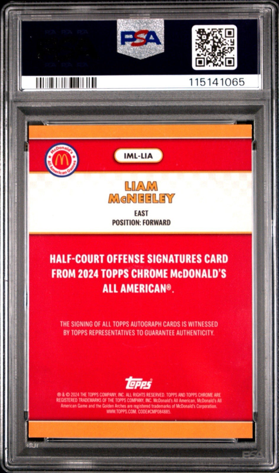 2024 Topps Chrome Mcdonald's Liam McNeely Logo Refractor Auto /75 PSA 9