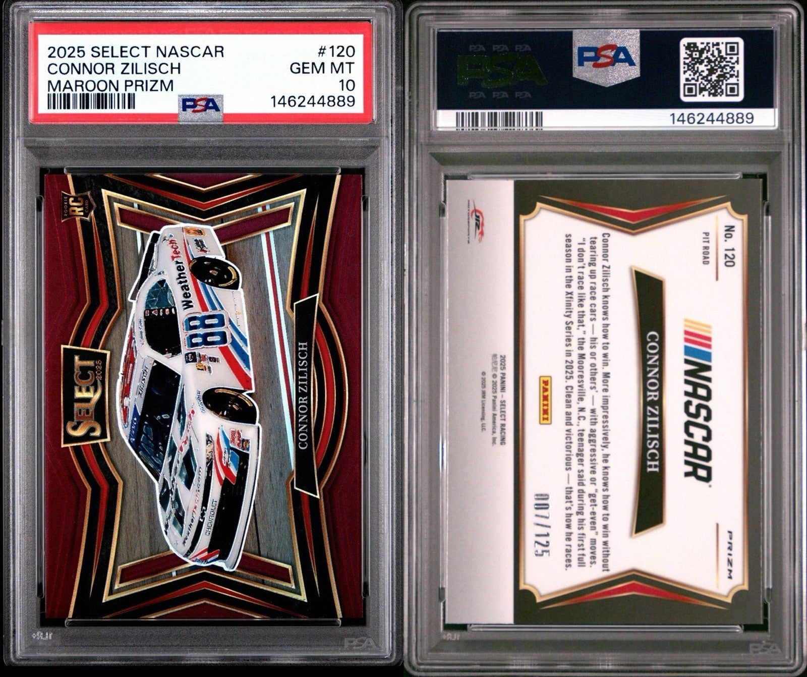2025 Panini Select Pit Road Maroon Prizm #d /125 Connor Zilisch #120 PSA 10 Gem