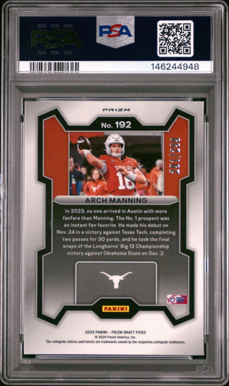 2024 Panini Prizm Draft - Rated Prospect Arch Manning #192 Red Prizm /299 PSA 9