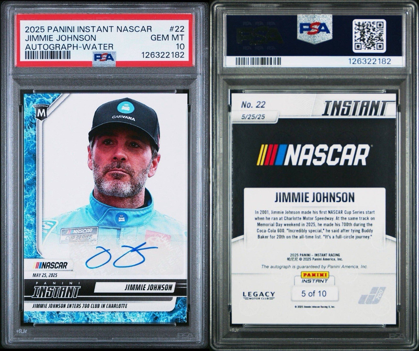 2025 Panini Instant Jimmie Johnson #22 700th START Auto Water /10 - PSA 10 Gem