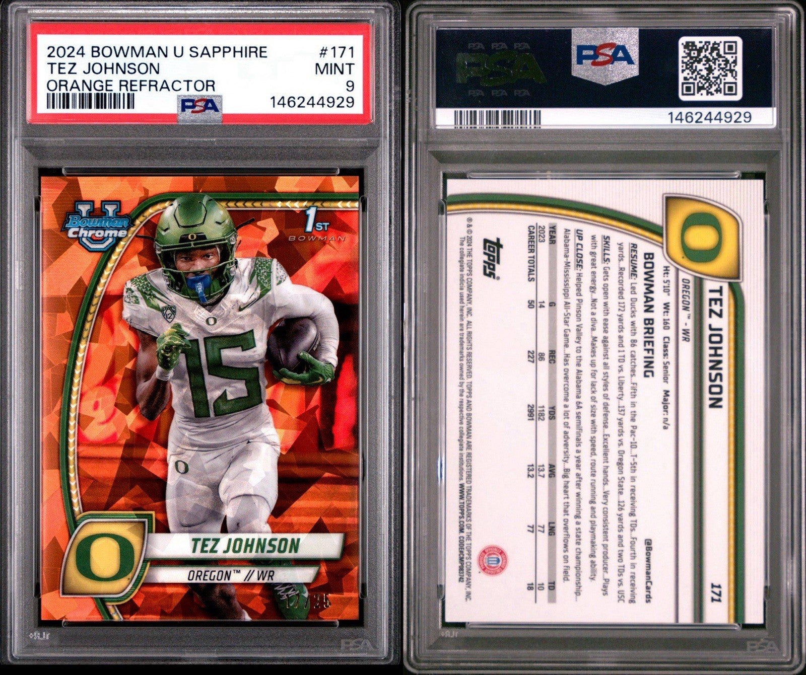 2024 Bowman U Chrome Sapphire Edition Orange /25 Tez Johnson PSA 9 Mint
