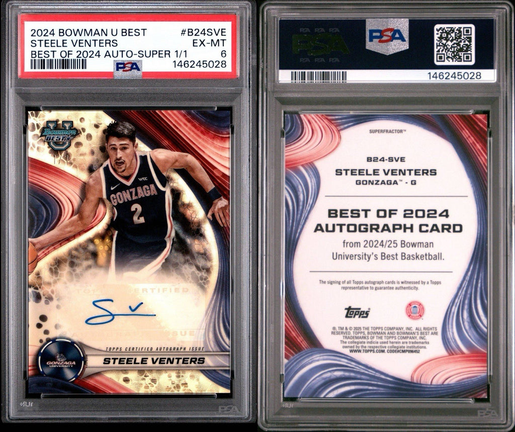 Steele Venters 2024-25 BOWMAN U BEST OF 2024 SUPERFRACTOR AUTO 1/1 PSA 6