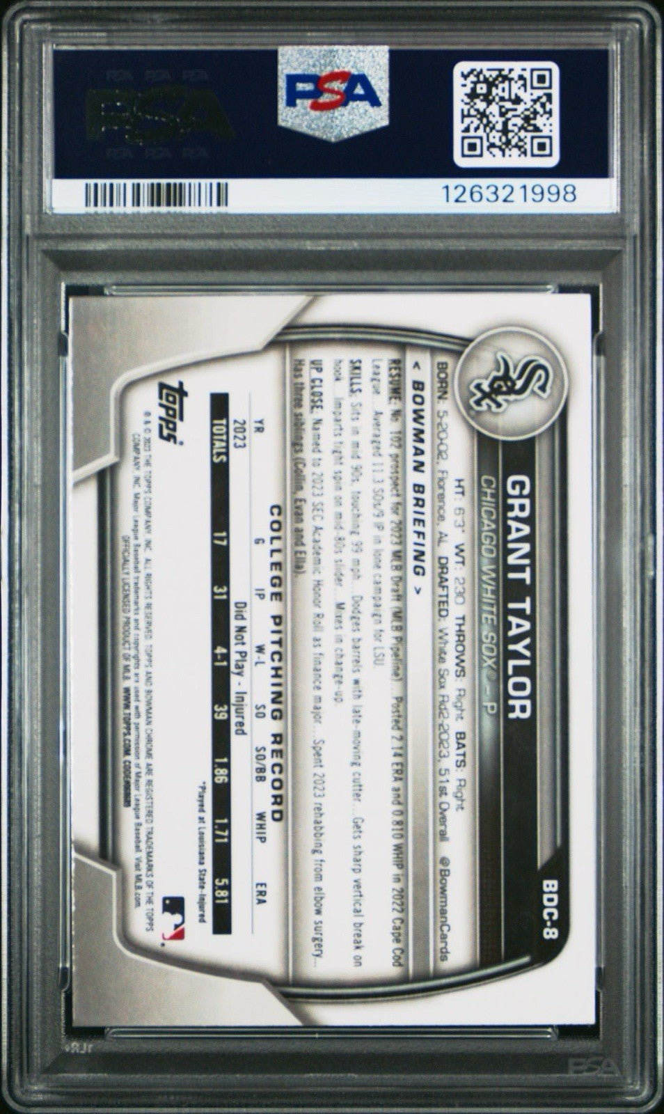 Grant Taylor 2023 Bowman Draft 1st Green Refractor #d /99 White Sox #BDC-8 PSA 9