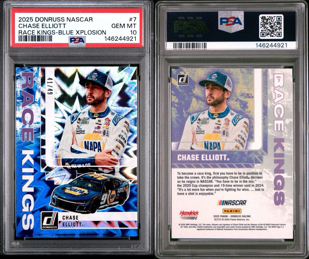 2025 Donruss #7 Chase Elliott Race Kings Blue XPlosion /49 - PSA 10 Gem