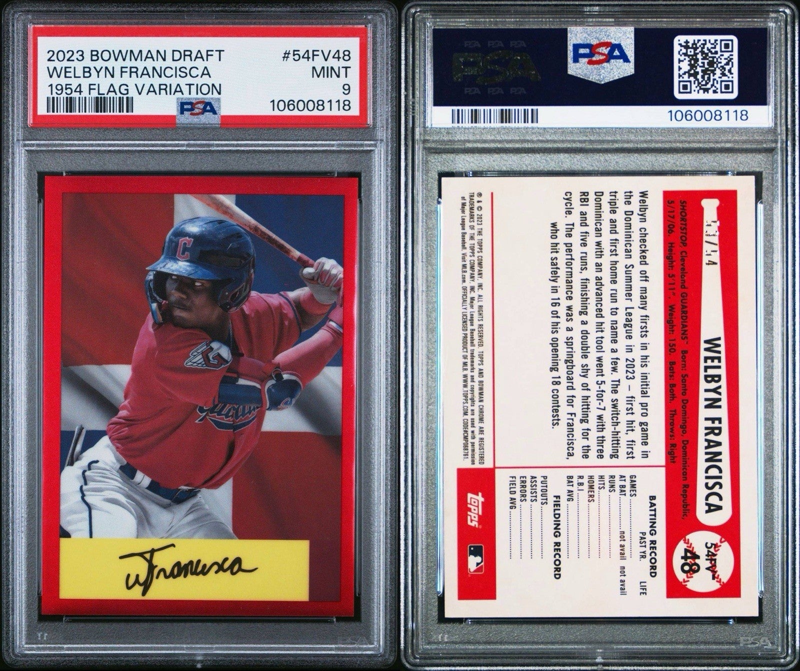 2023 Bowman Draft Welbyn Francisca 1954 Flag Variation #d /54 PSA 9 MT