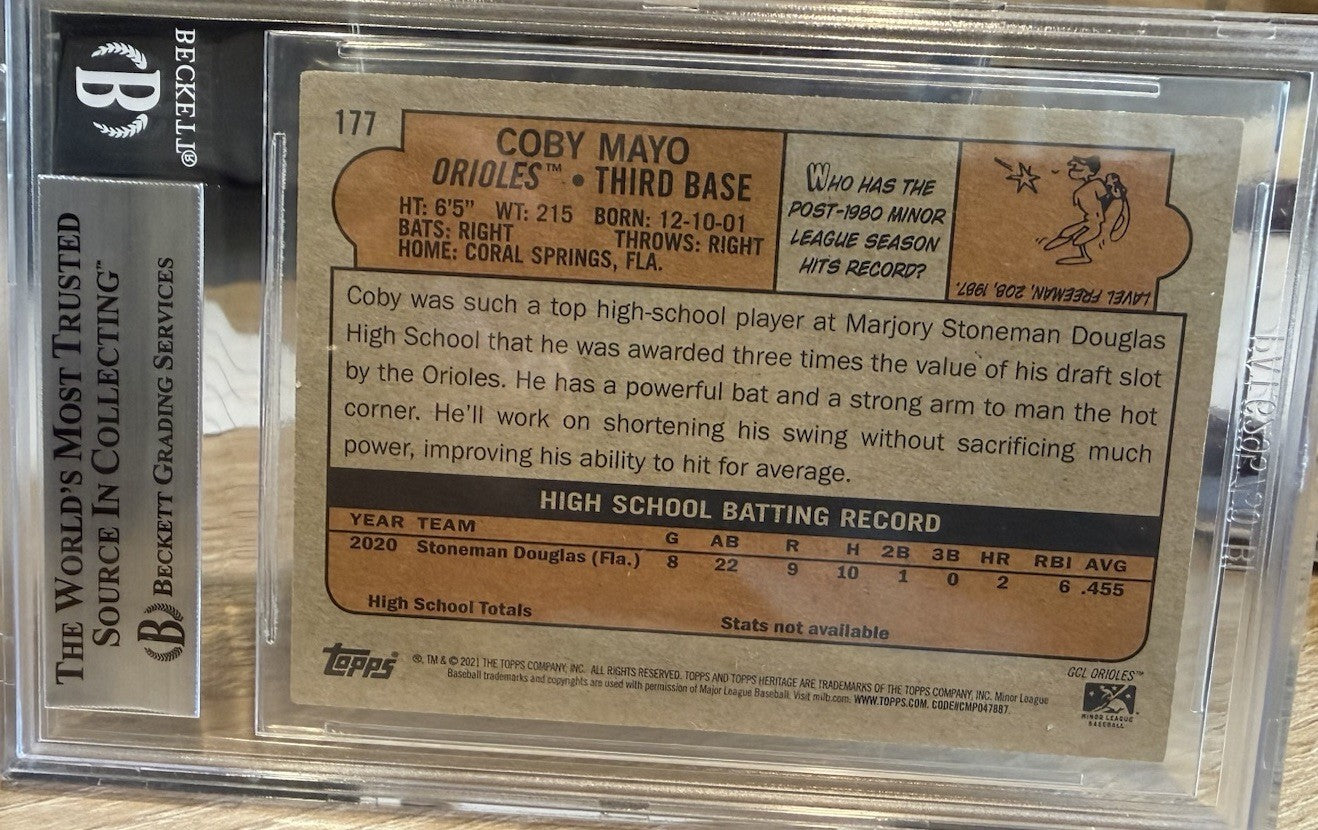 Coby Mayo 2021 Topps Heritage Minors #177 Auto - Beckett BAS Slab