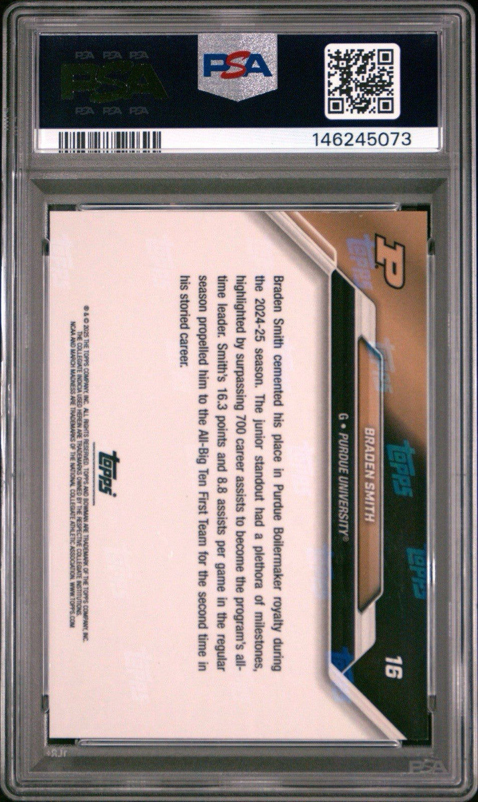2024-25 Bowman U Now March Madness #16 Braden Smith - NCAA Logo /25 - PSA 10 Gem