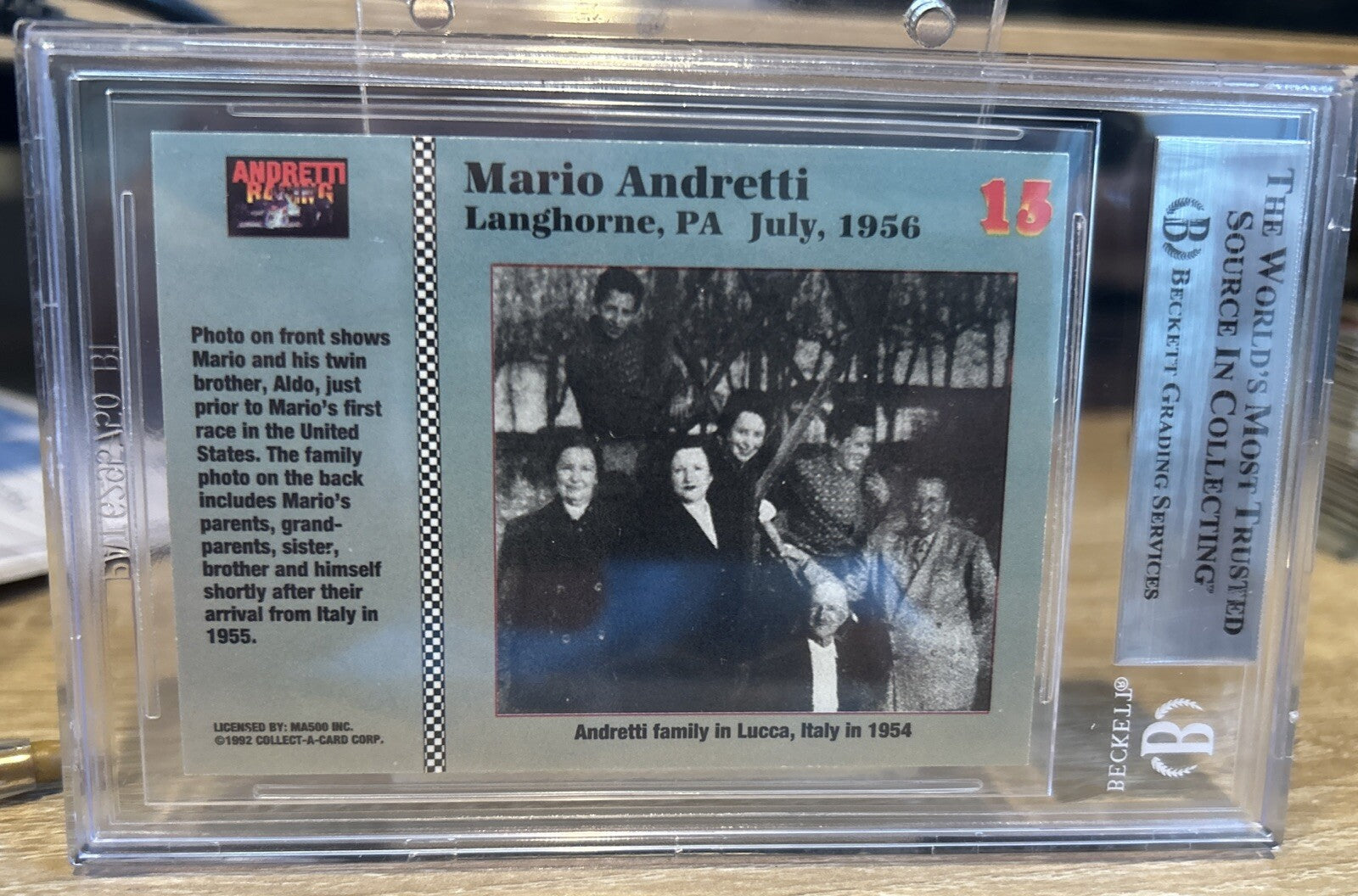 MARIO ANDRETTI Signed 1992 Collect A Card #13 Beckett BAS encased Indy Racing