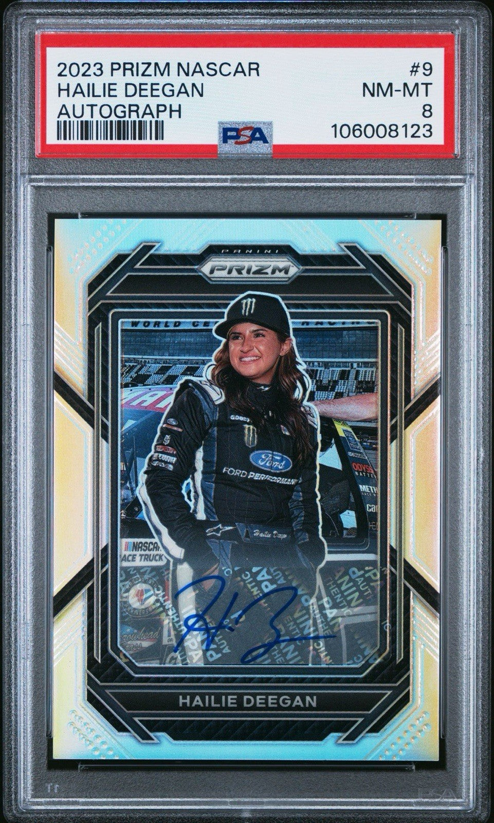 2023 Panini Prizm #9 Hailie Deegan Silver Prizm Signatures - PSA 8
