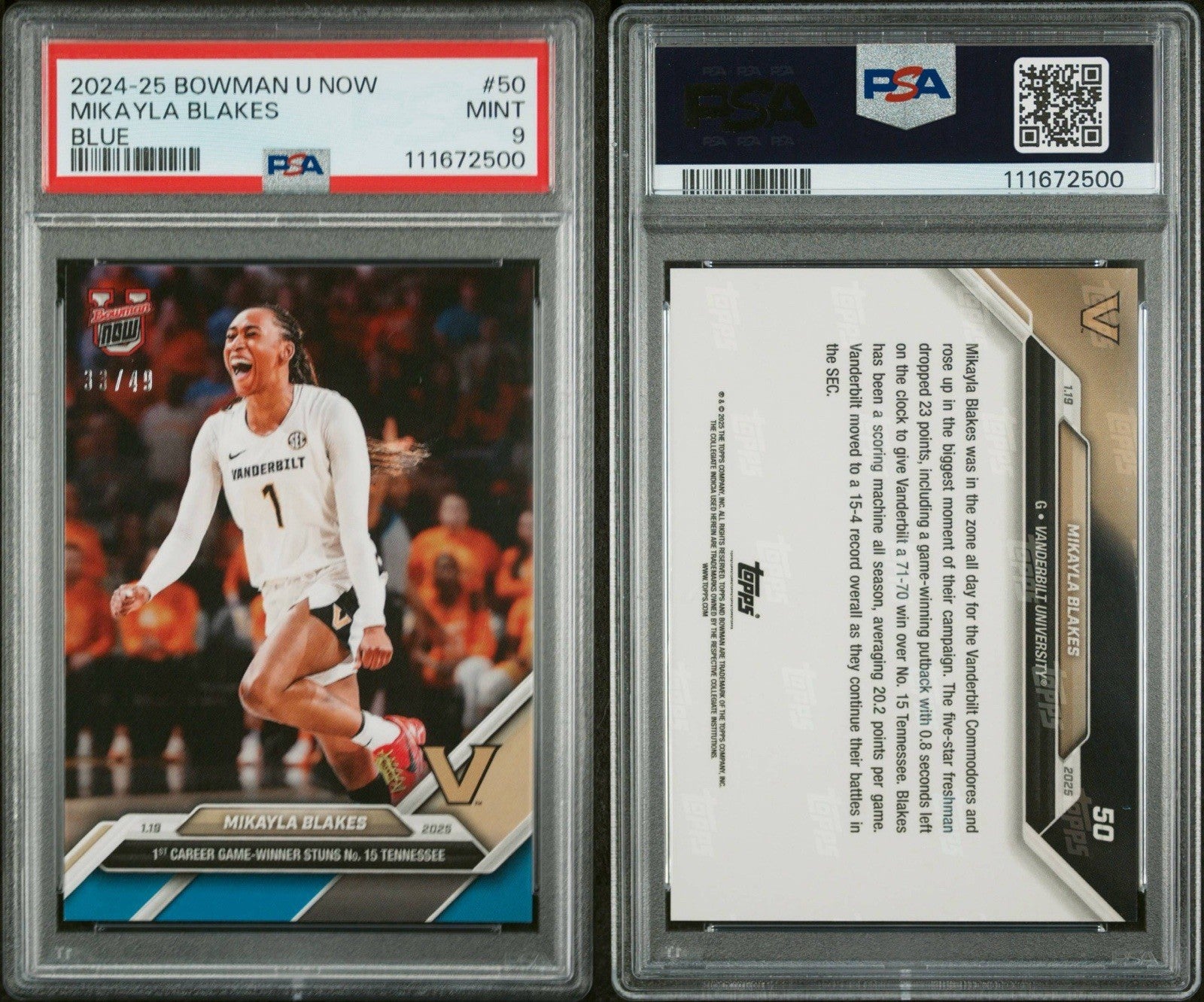 2024-25 Bowman U Now #50 Mikayla Blakes Blue #d /49 - PSA 9 Mint