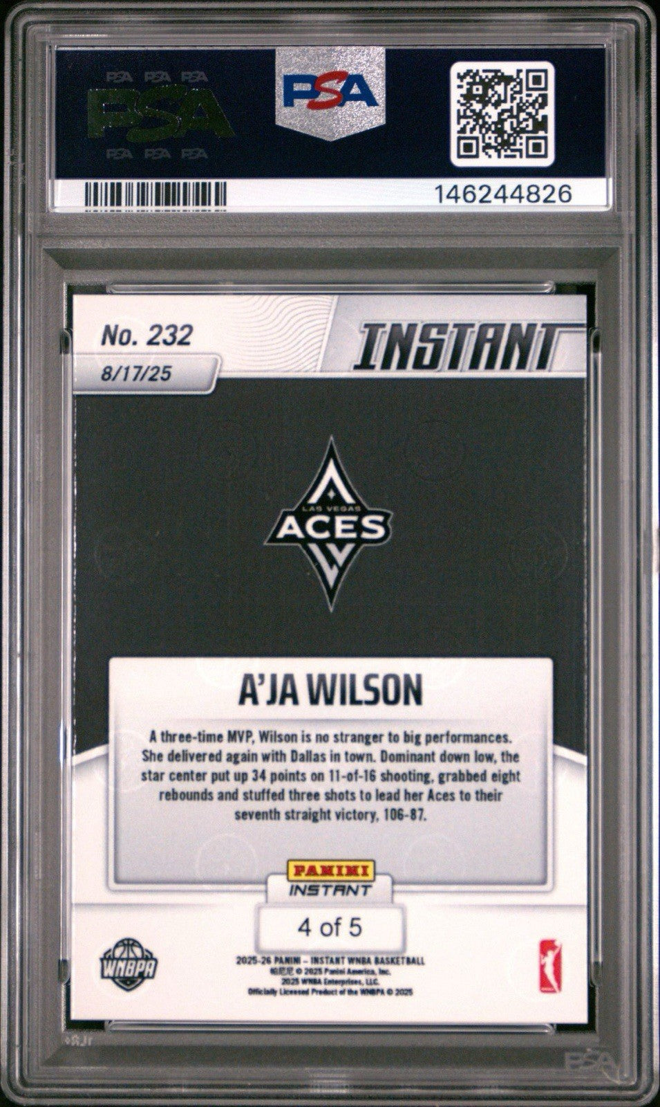 2025 Panini Instant WNBA A’Ja Wilson #232 Lightning /5 PSA 10 Gem