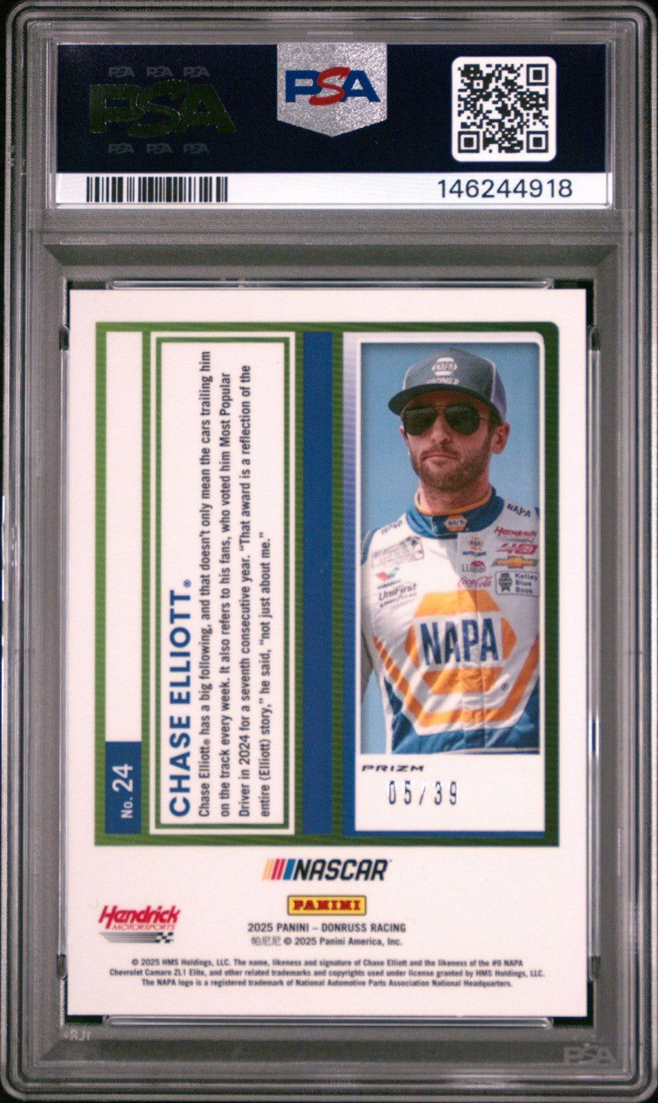 2025 DONRUSS NASCAR OPTIC BLACK VELOCITY PRIZM Chase Elliott /39 - PSA 10 Gem