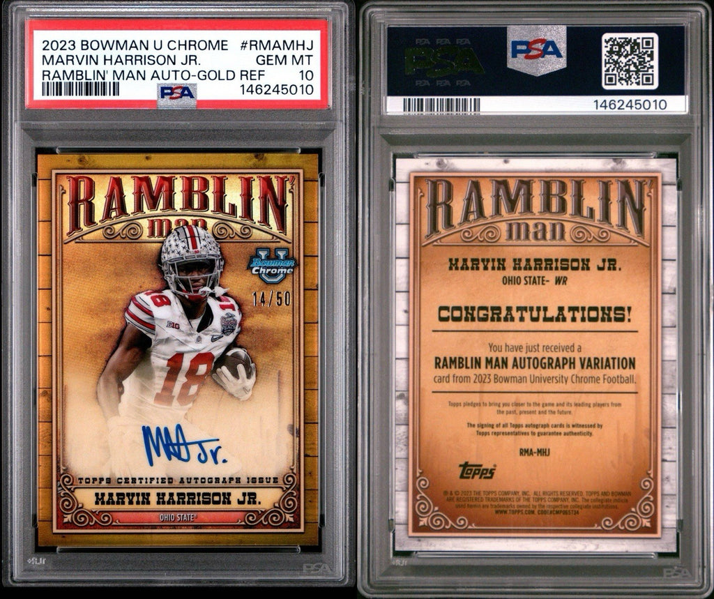 2023 Bowman U Chrome #MHJ Marvin Harrison Jr. Ramblin Man Gold Auto /50 PSA 10