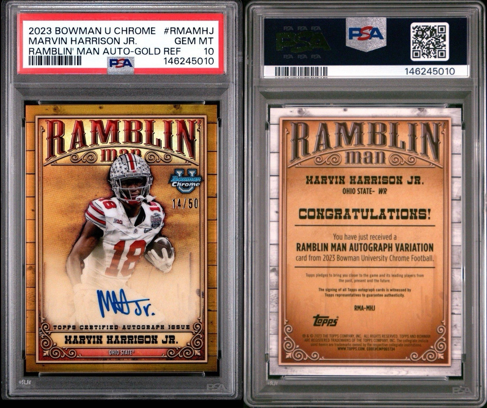 2023 Bowman U Chrome #MHJ Marvin Harrison Jr. Ramblin Man Gold Auto /50 PSA 10