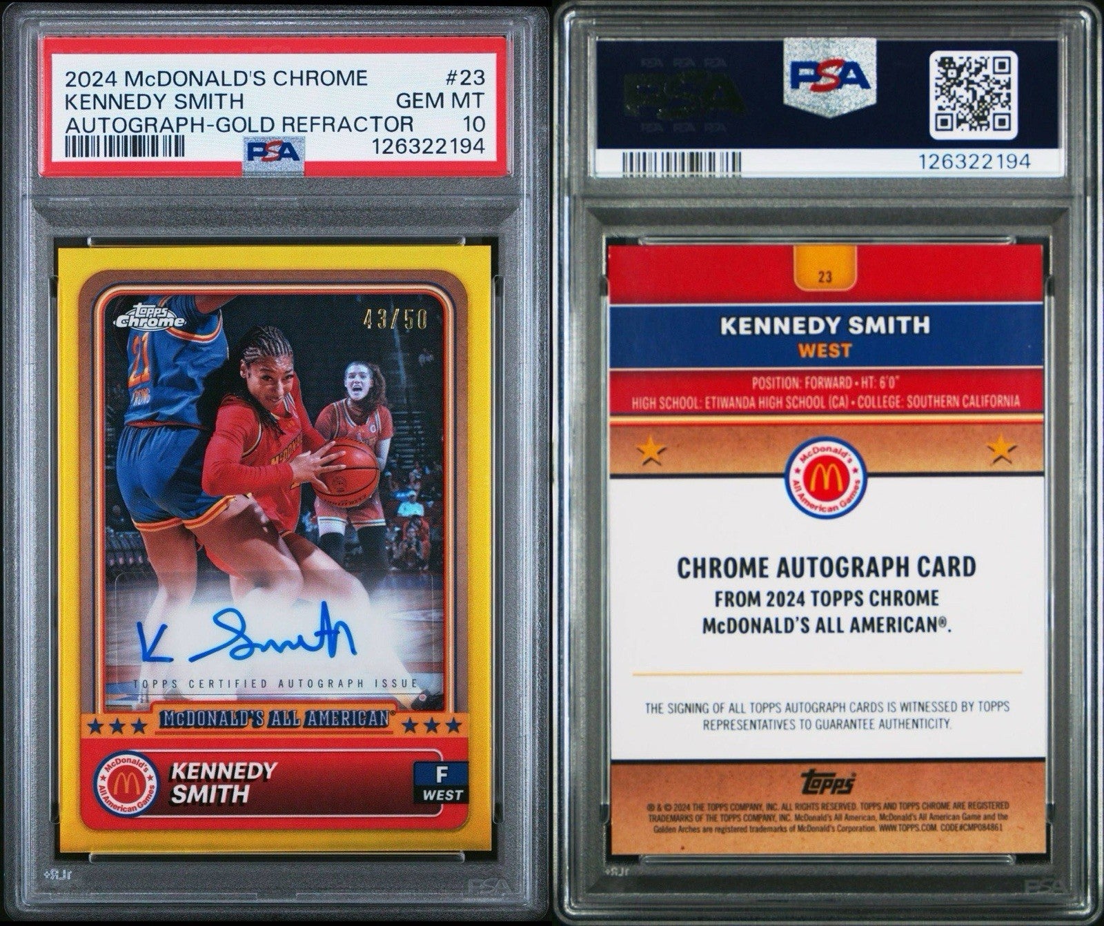 2024 Topps Chrome McDonald's #23 - Kennedy Smith Gold Refractor Auto /50 PSA 10