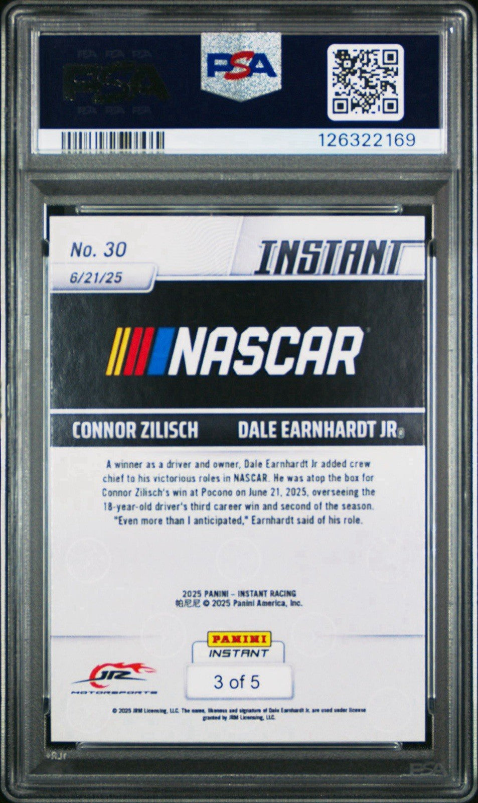 2025 Panini Instant #30 Dale Earnhardt Jr/Connor Zilisch Lightning /5 PSA 10 Gem