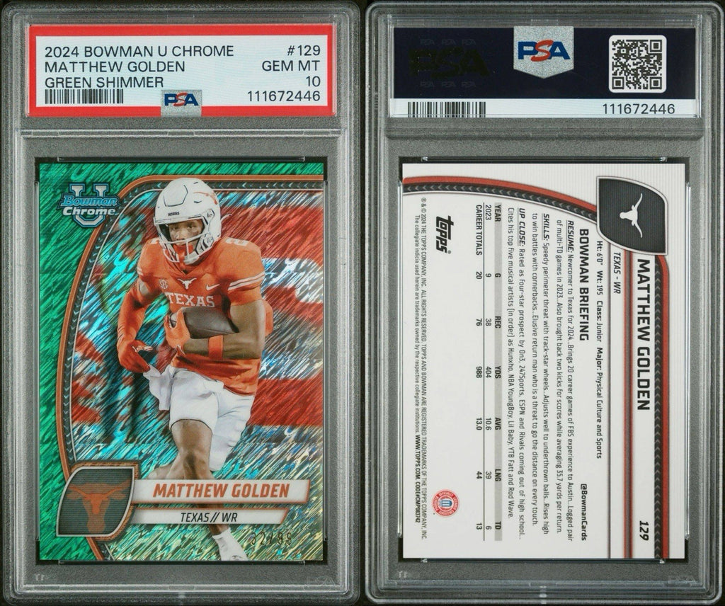 2024 Bowman U Chrome #129 Matthew Golden Green Shimmer #d /99 PSA 10 Gem