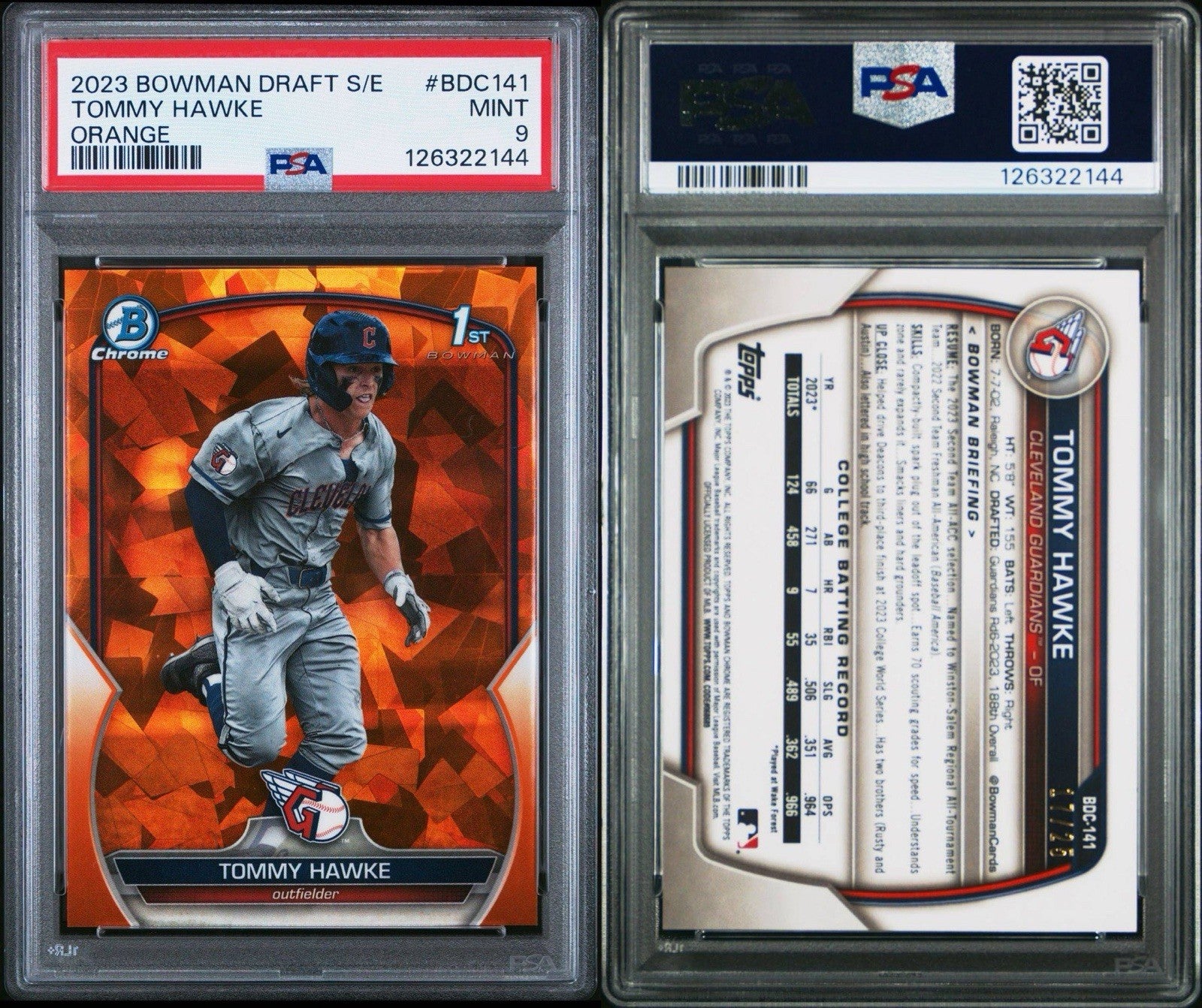 2023 1st Bowman Chrome Tommy Hawke Orange Sapphire /25 #BDC-141 PSA 9