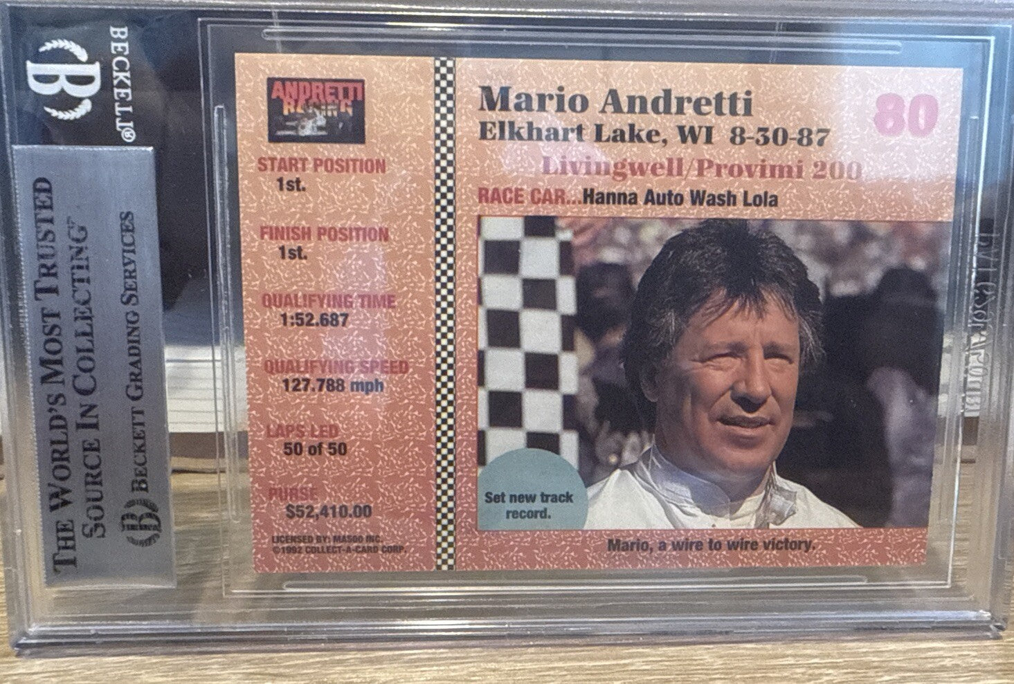 MARIO ANDRETTI Signed 1992 Collect A Card #80 Beckett BAS encased Indy Racing