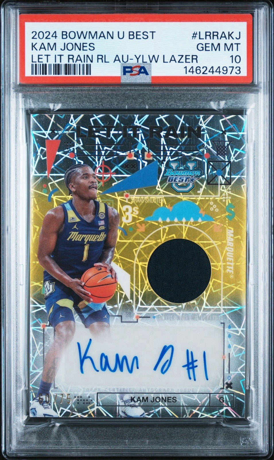 Kam Jones 2024 BOWMAN U BEST LET IT RAIN RELIC AUTO Yellow Lazer /75 - PSA 10