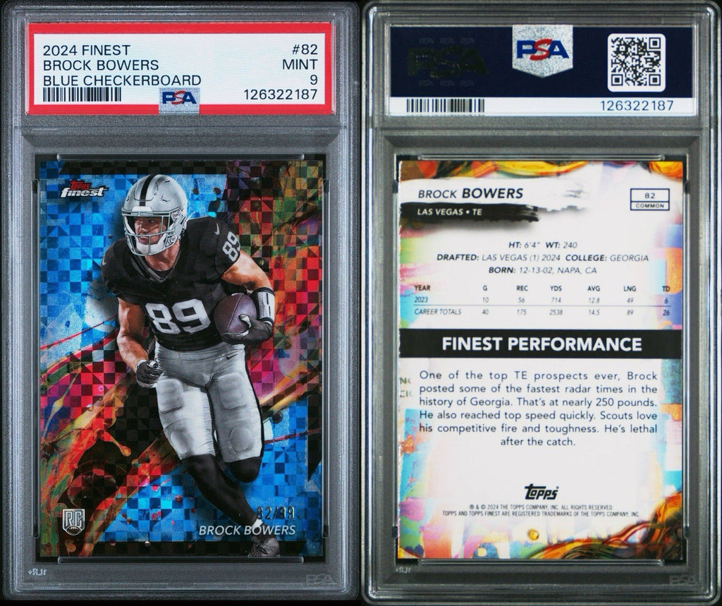 2024 TOPPS FINEST TEAM #82 BLUE CHECKERBOARD BROCK BOWERS #d /99 PSA 9