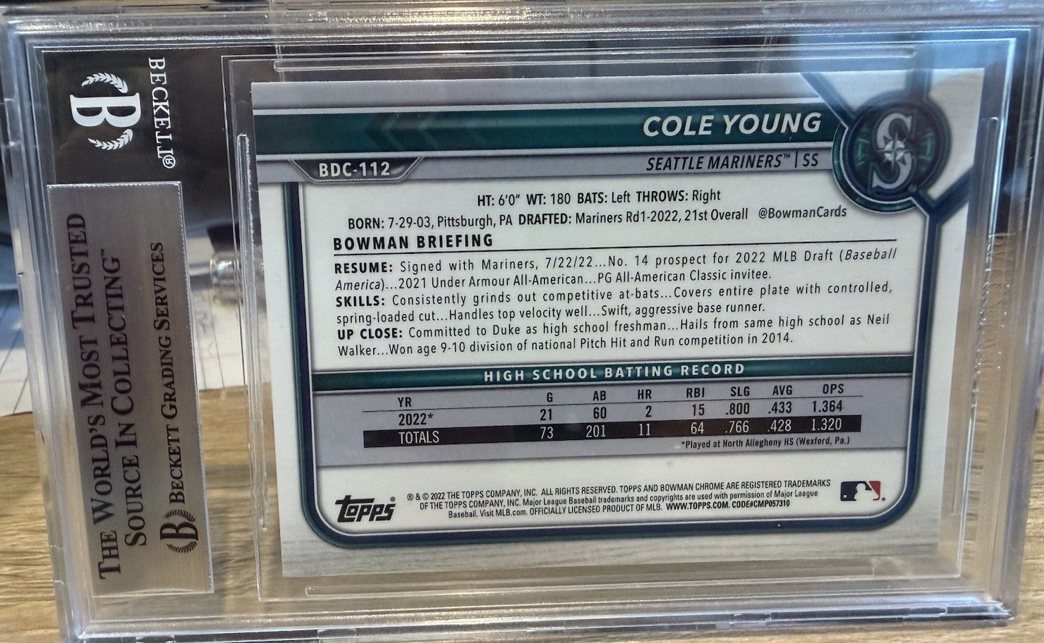 Signed 2022 Bowman Chrome Draft #BDC112 - Cole Young - Beckett BAS Slab