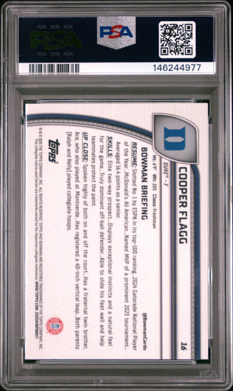 2024 Bowman University Cooper Flagg Sapphire#16 PSA 10