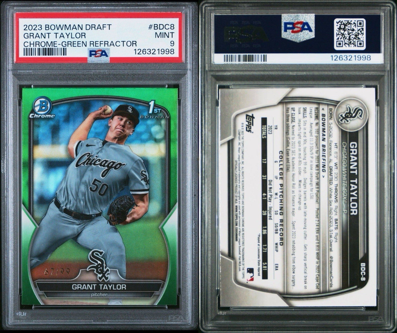 Grant Taylor 2023 Bowman Draft 1st Green Refractor #d /99 White Sox #BDC-8 PSA 9