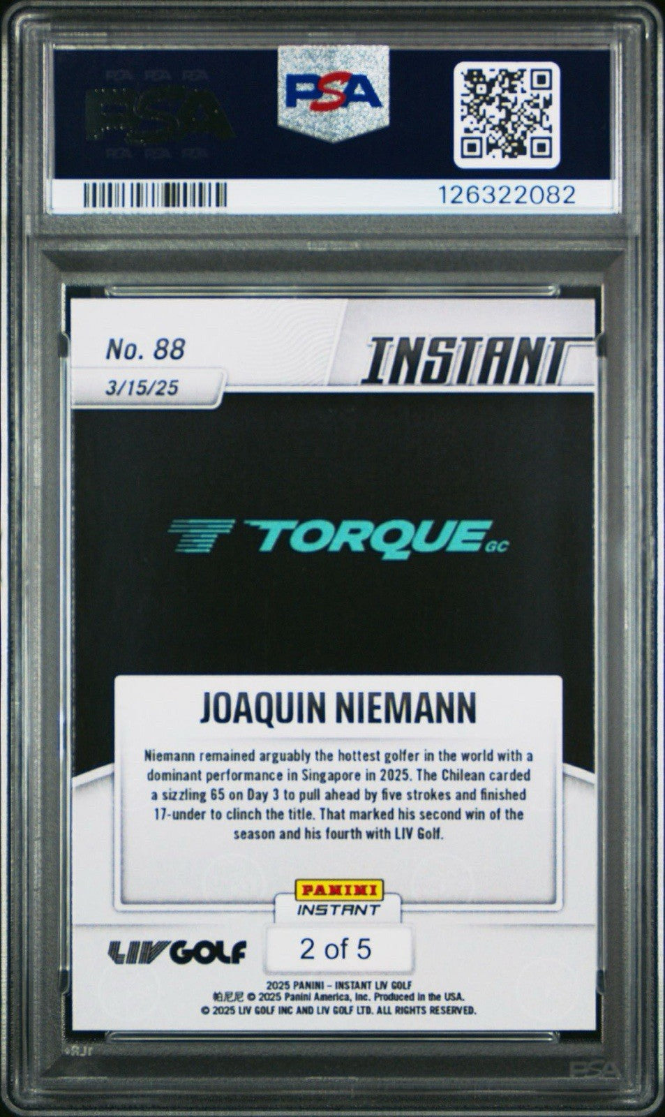 2025 PANINI INSTANT #88 LIV - Joaquin Niemann LIGHTNING SSP #d /5 - PSA 10 Gem