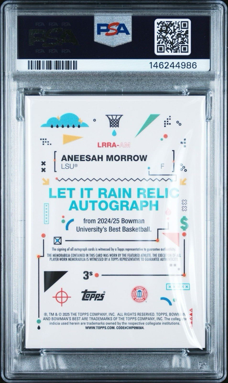ANEESAH MORROW 2024-25 BOWMAN U BEST LET IT RAIN PATCH GEOMETRIC AUTO - PSA  10