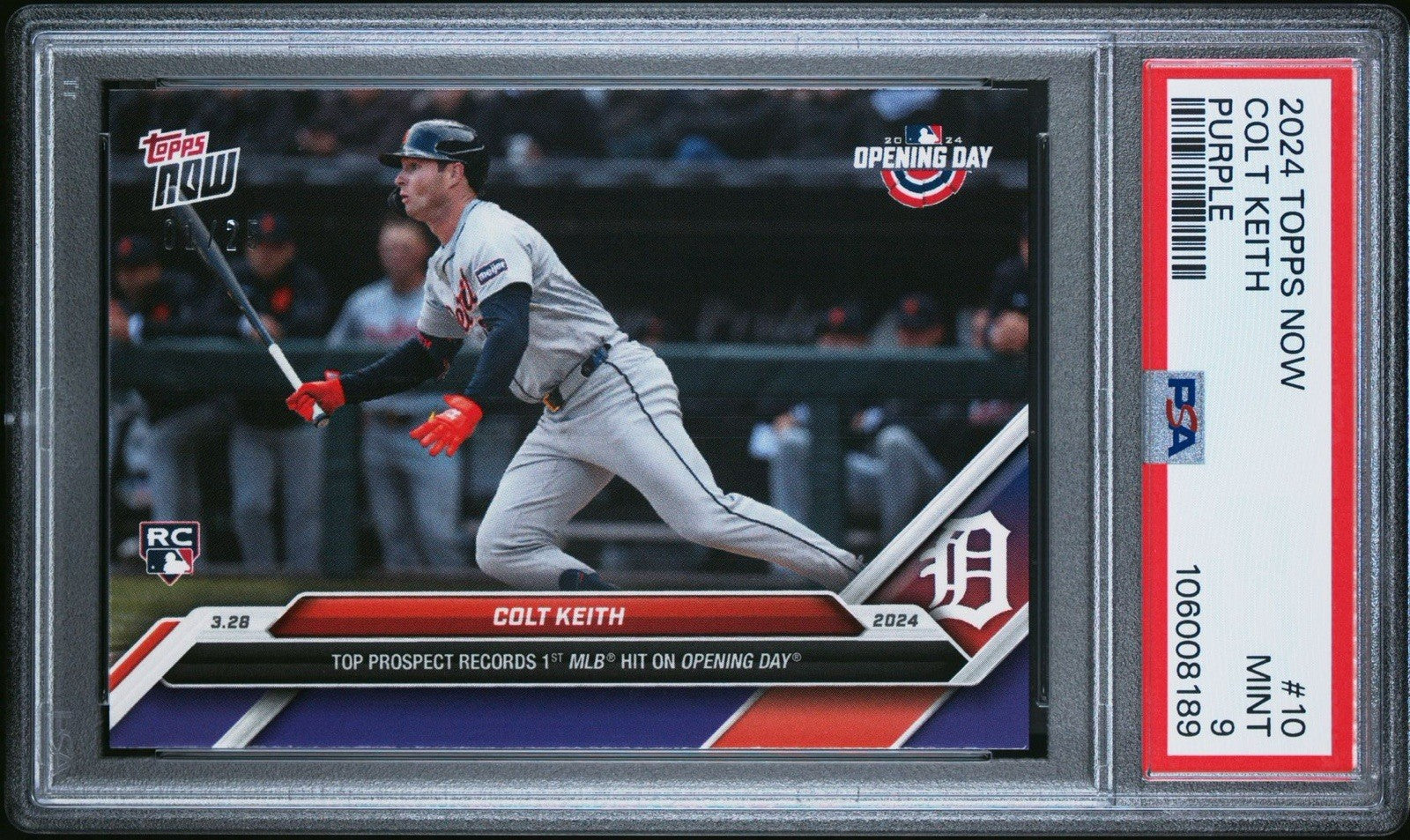 2024 Topps Now Colt Keith 1st MLB Hit on Opening Day #10 Purple /25 PSA 9 Mint