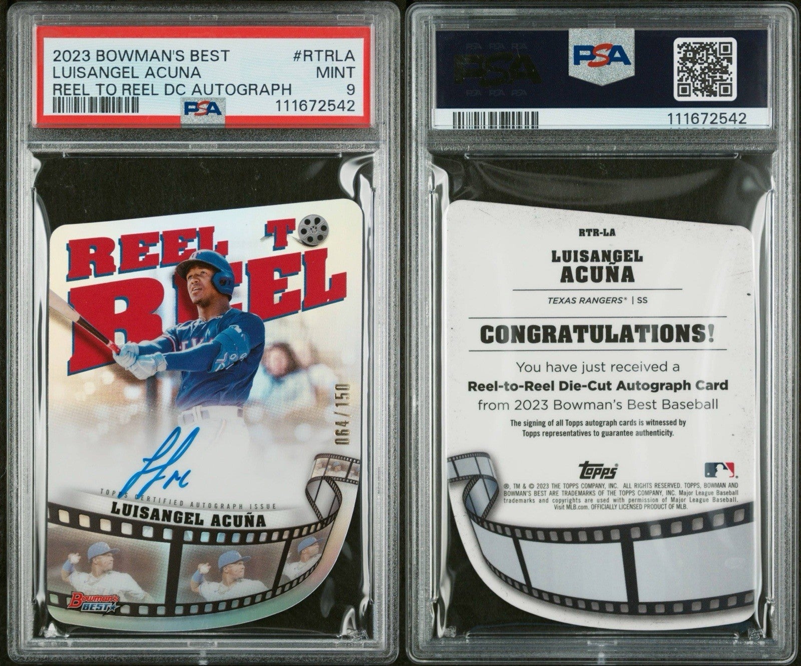 2023 Bowman's Best Luisangel Acuna Reel to Reel Die Cut #d /150 Auto PSA 9 Mint