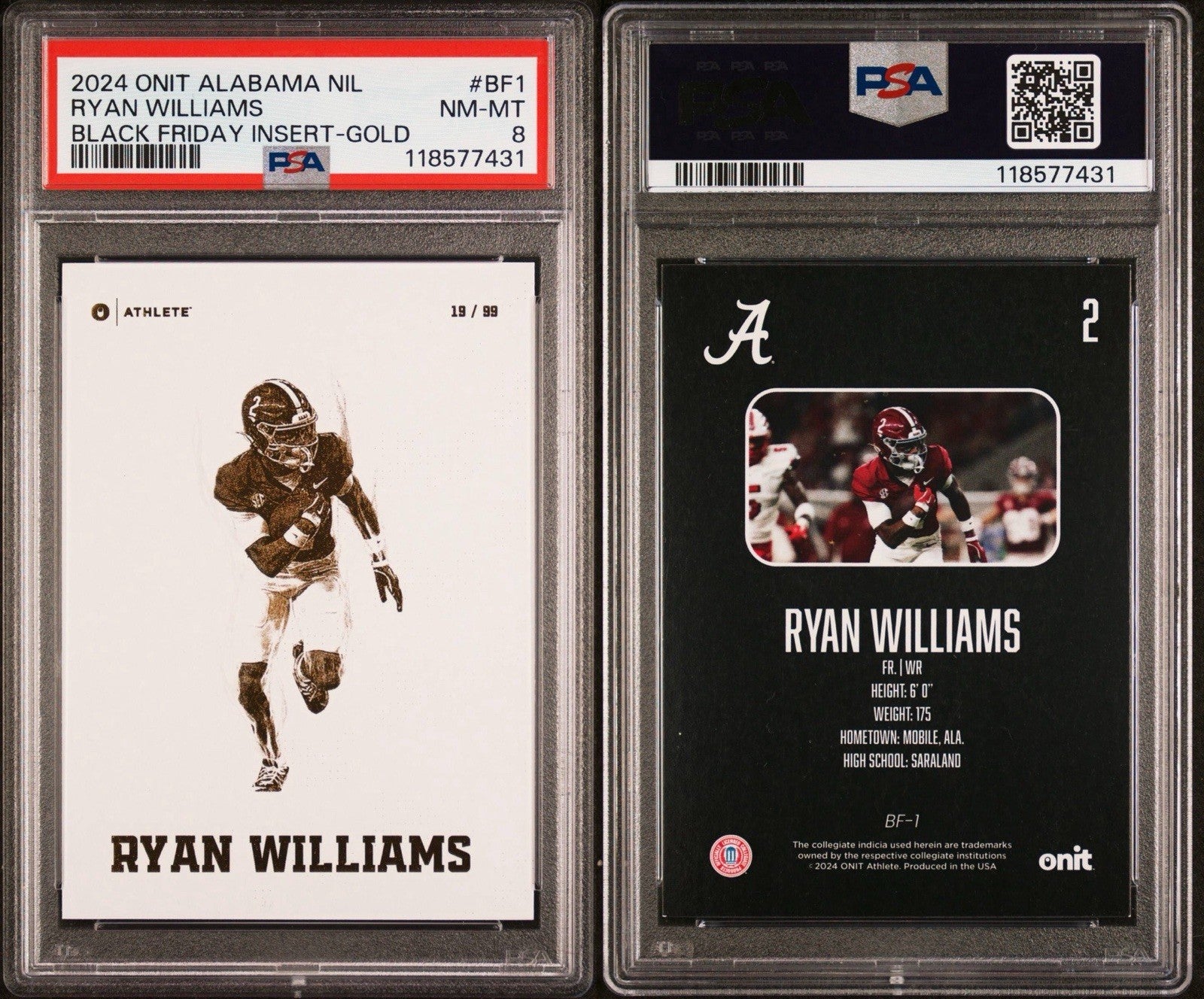 Ryan Williams Gold Holo Foil /99 Onit Athlete Whiteout #BF-1 - PSA 8