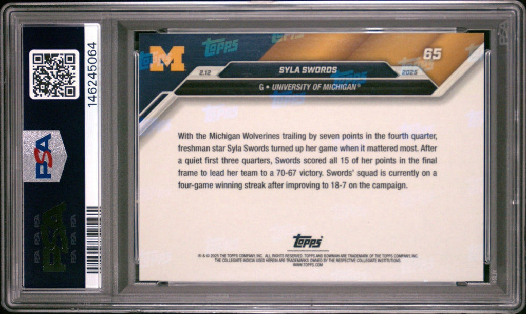 Syla Swords 2024 Bowman U Now #65 BLUE PARALLEL #d /49 Michigan PSA 10 Gem