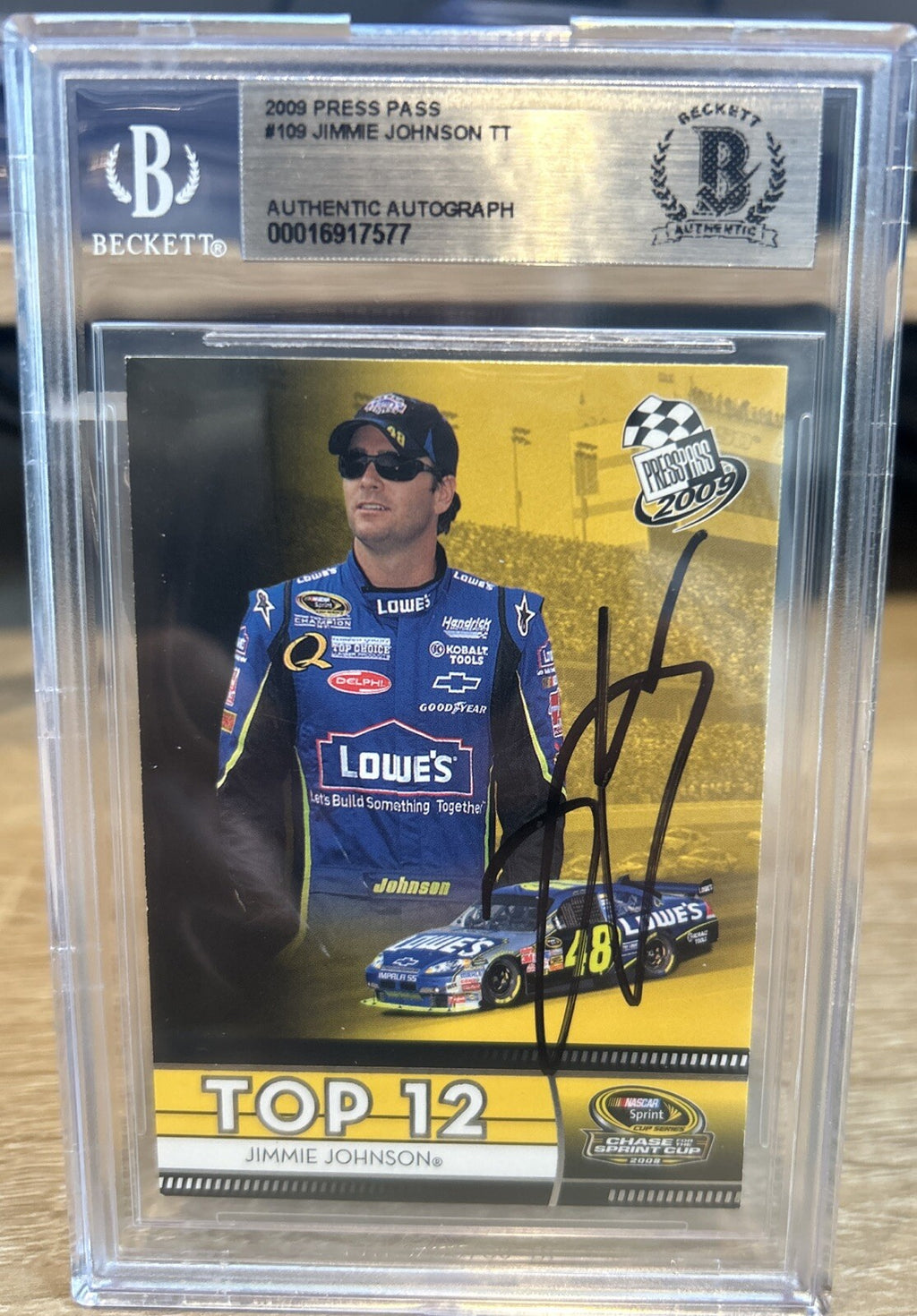 2009 Press Pass Top 12  JIMMIE JOHNSON #109 SIGNED AUTOGRAPH BECKETT BAS Slab