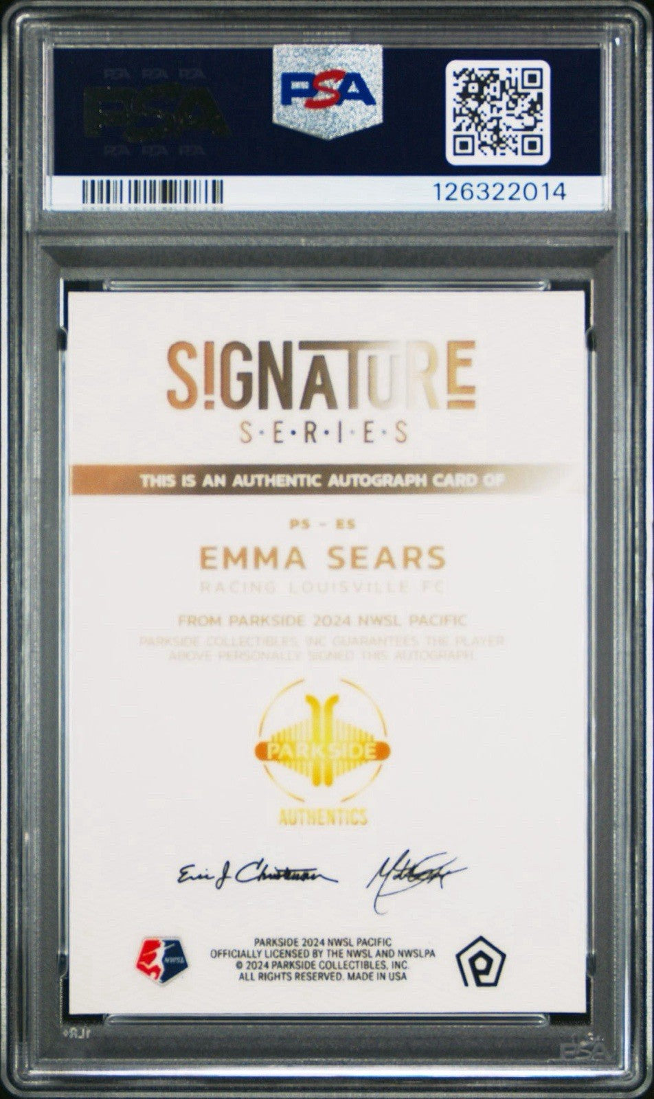 2024 Parkside NWSL Pacific Emma Sears Rookie RC Auto PSA 8