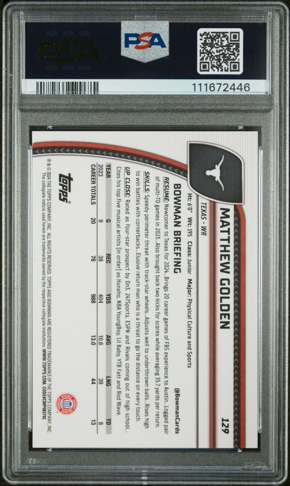 2024 Bowman U Chrome #129 Matthew Golden Green Shimmer #d /99 PSA 10 Gem